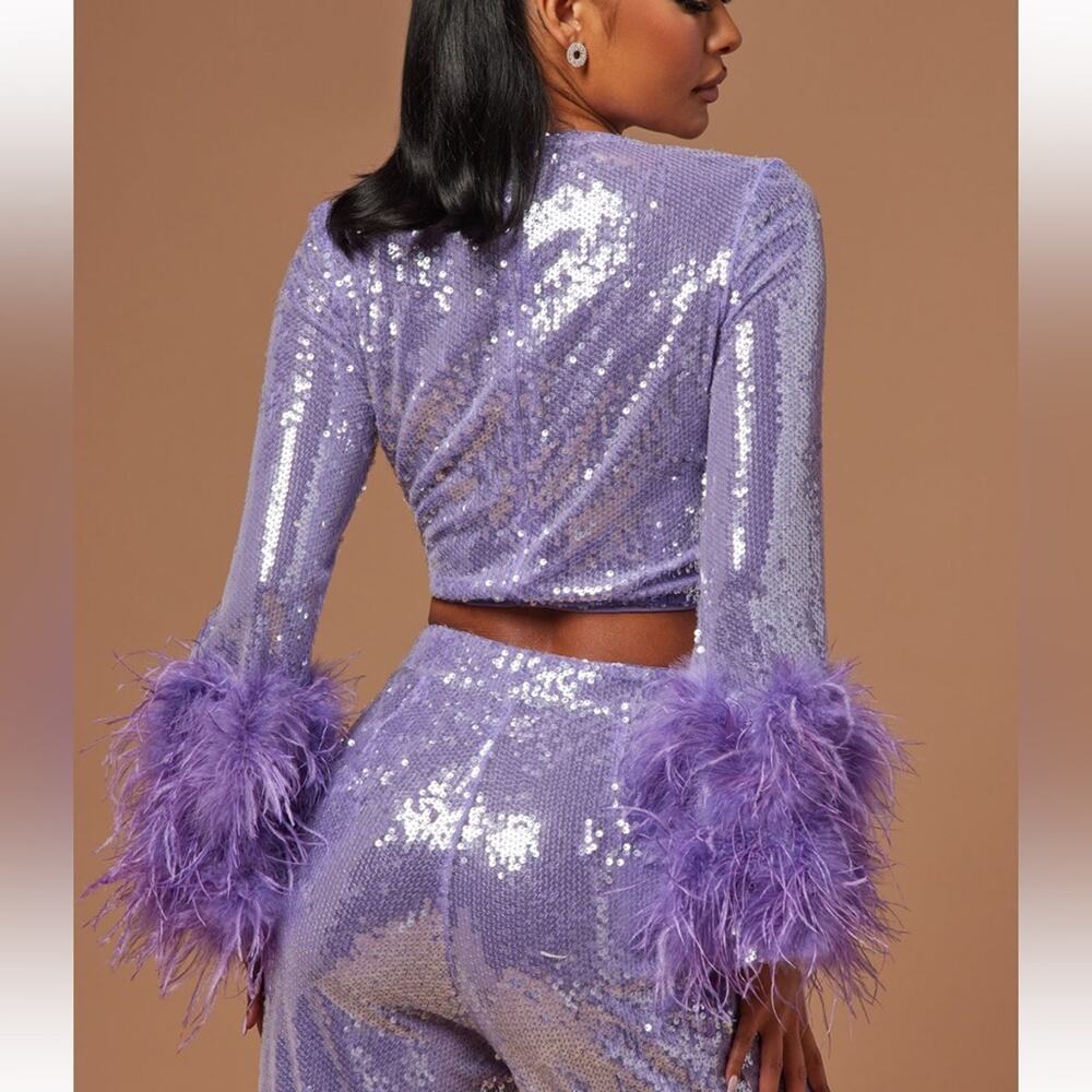 Purple Sequin And Feather Matching Set Long Sleev… - image 4